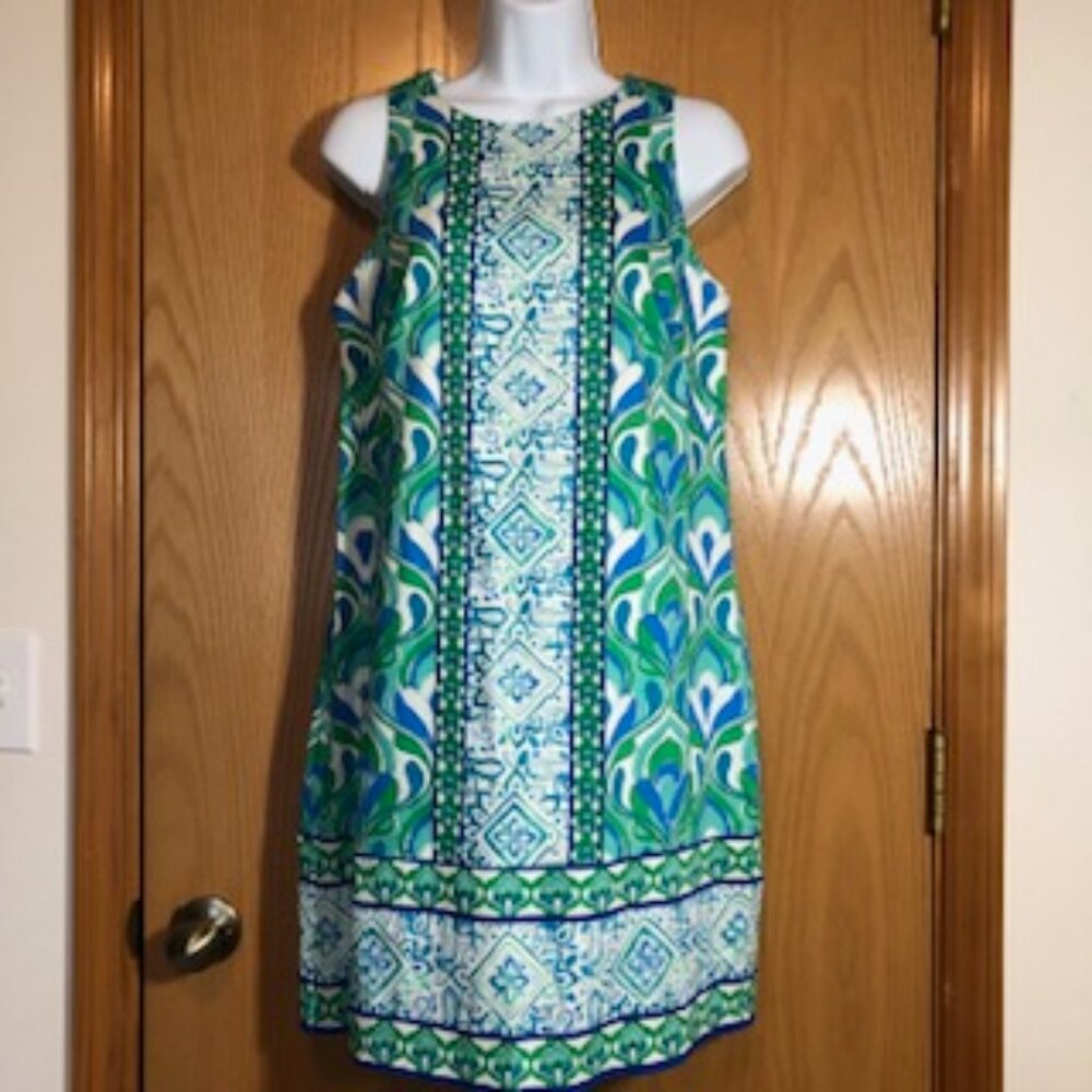 London Times Sleeveless Shift Dress Green Blue White Lined NWOT Sheath 8